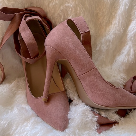 Qupid-Pink Lace-up Pointy Toe Heeled Pumps. - Picture 2 of 6